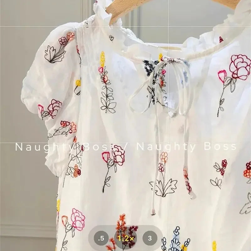 Floral Print Puff Sleeve Blouse and Patchwork Midi Skirt Two Piece Set for Women