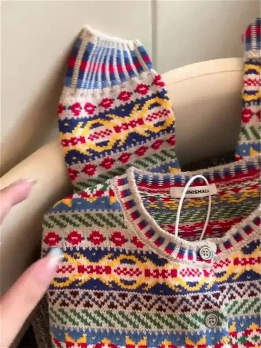 Korean ethnic style colorful floral sweater women's autumn and winter new knitted cardigan paired with casual top cardigan