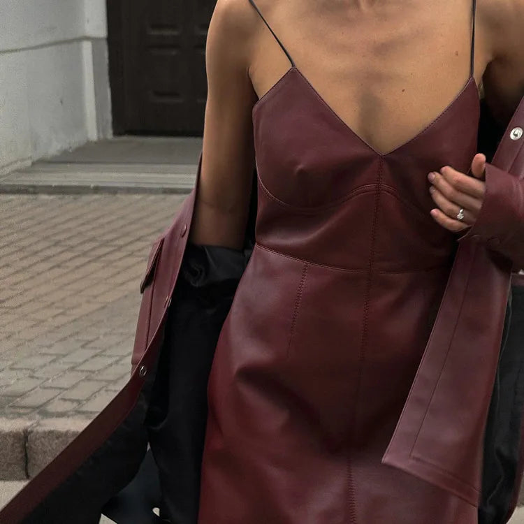 Faux Leather Two Piece Dress Coat Set