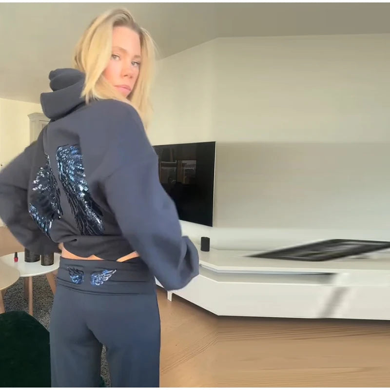 Sequin Wing Design Hooded Sweatshirt Pants Set For Women