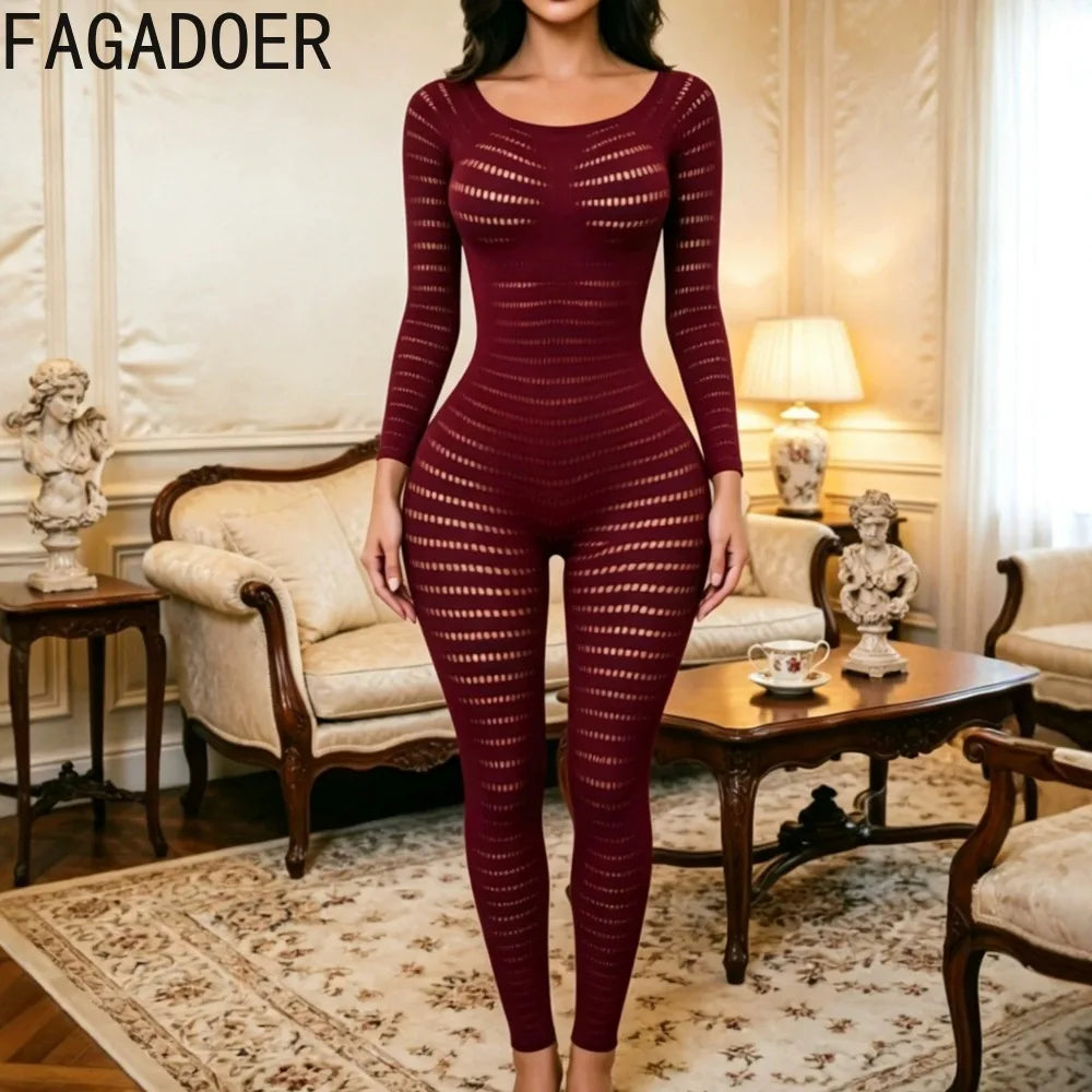 Knit See Through Hollow Out Solid Color Jumpsuit for Women