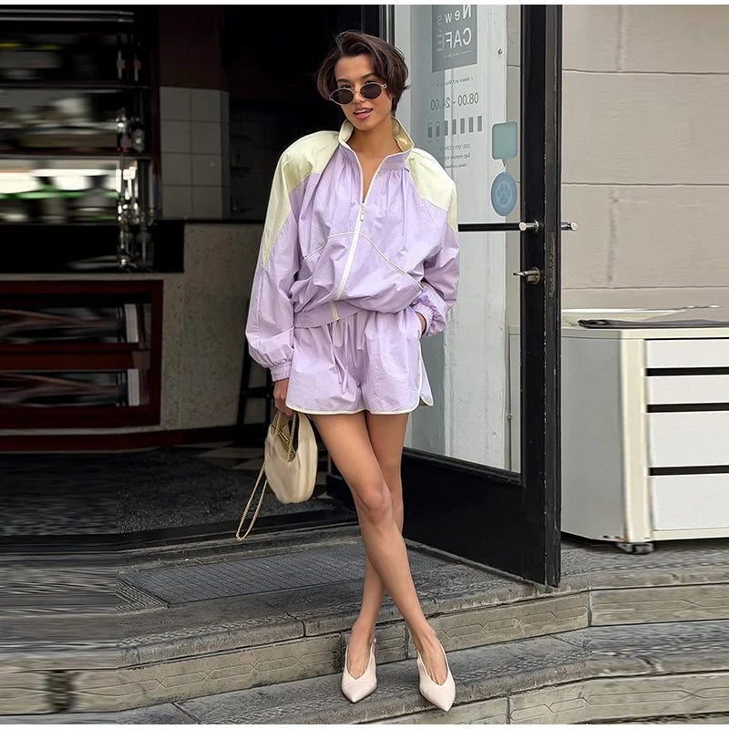 Contrast Half-Zip Stand Collar Short Jacket for Women