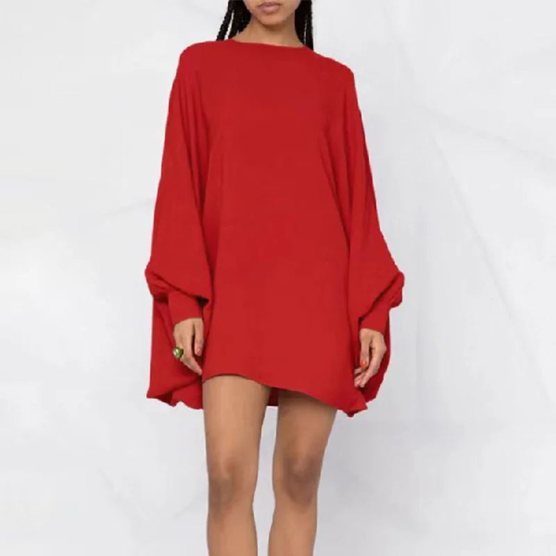 UOOZEE Women Fashion Simple Solid Color Round-Neck Mini Dresses 2025 New Spring Summer Batwing Sleeves Casual Short Dress