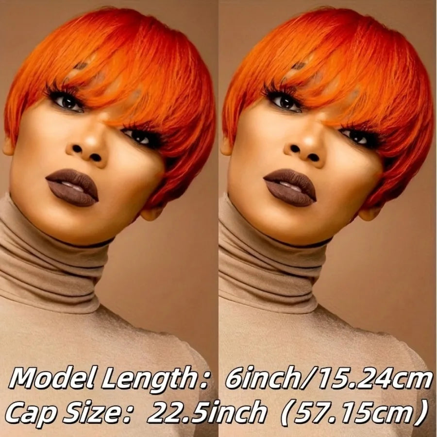 Short Orange Pixie Cut Human Hair Wig With Bangs For Women