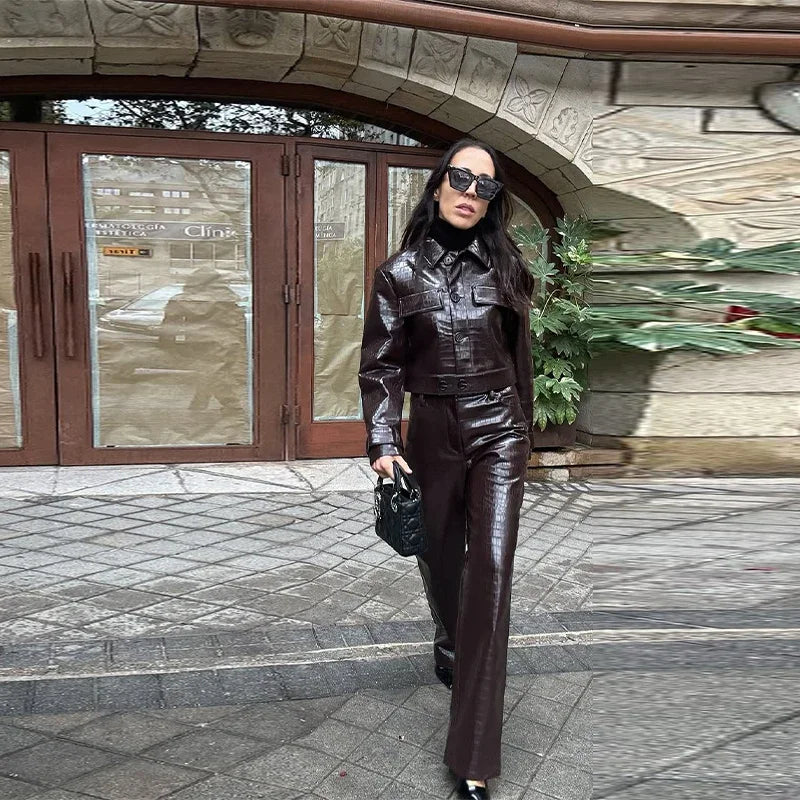 PU Leather Turn-Down Collar Jacket and Pants Set for Women