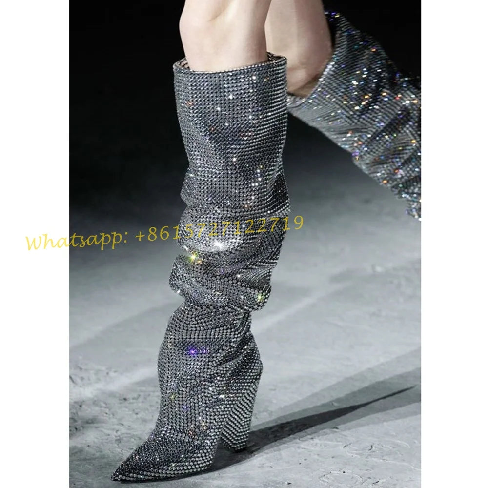 Elegant Crystal Pleated Knee High Wedge Boots for Women