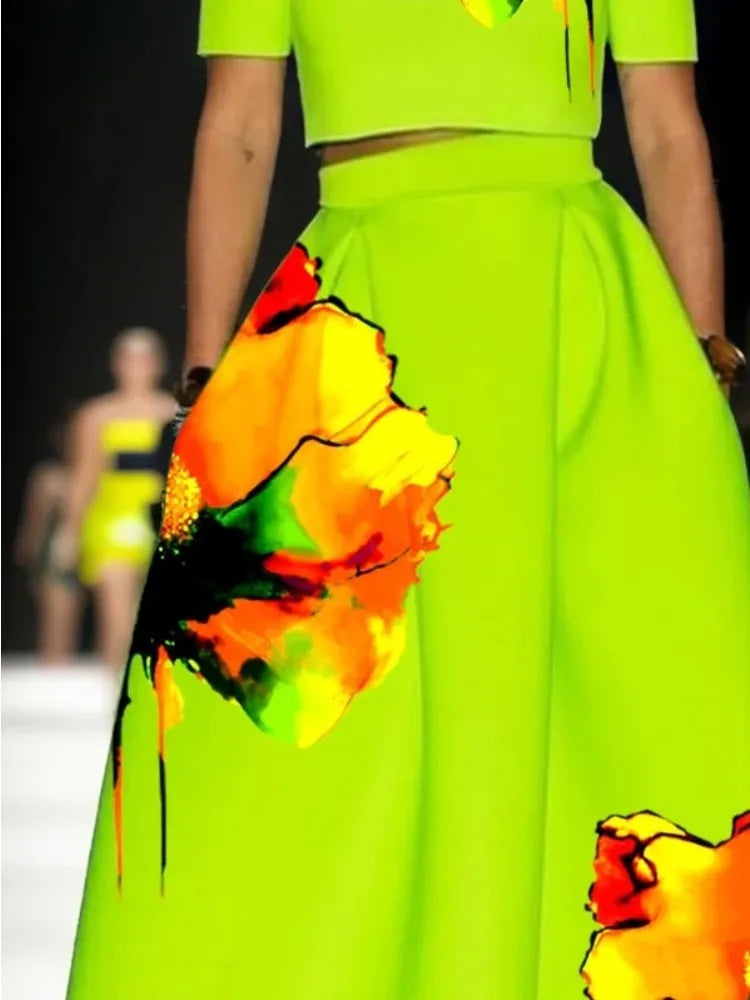 Beautyblue French Elegant Green Umbrella Skirt Fashion Long Skirts for Women Elegant Flower Print Casual Pockets Bottoms Female