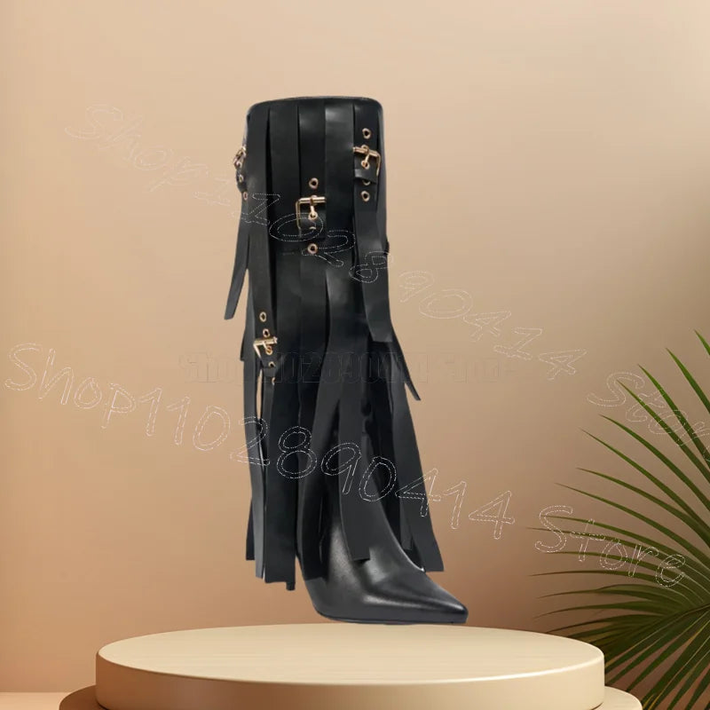 Pointed Toe Buckle Tassel Boots With Thin High Heels For Women