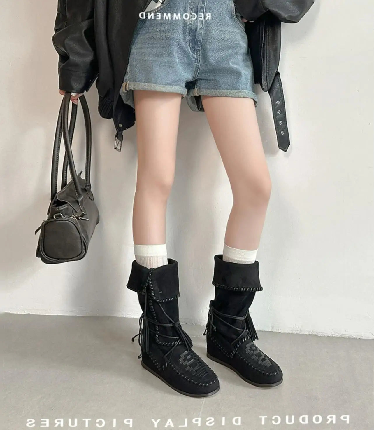 Fringe Woven Suede Mid Calf Boots With Fold Over Cuff For Women