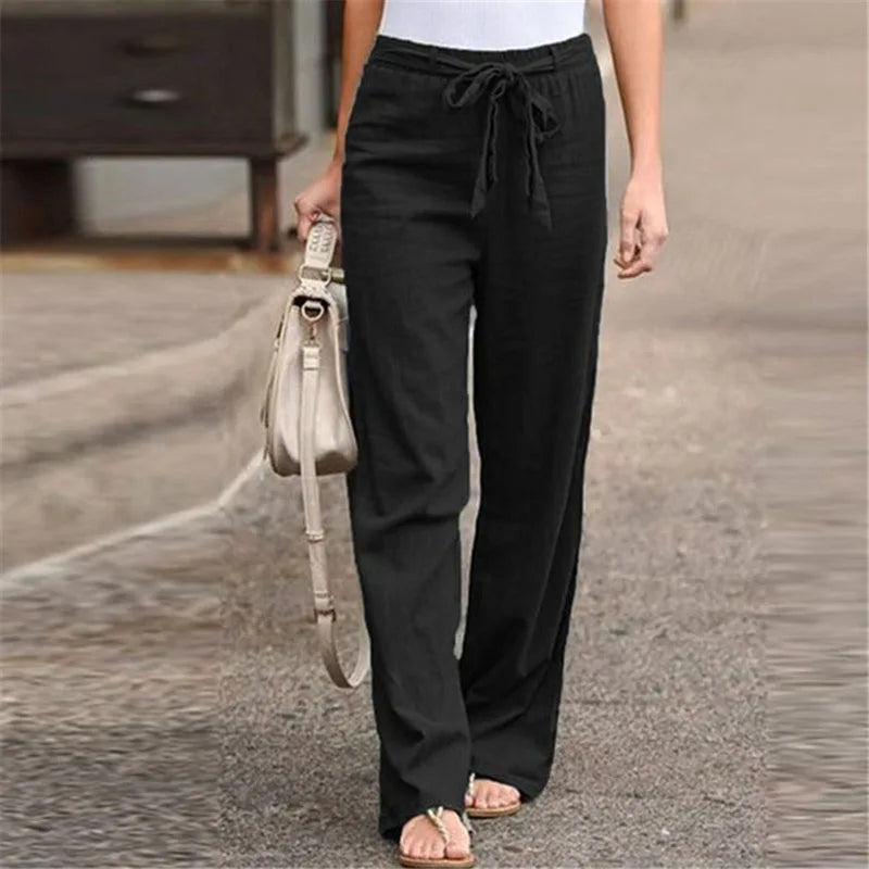 Linen Cotton Elastic Waist Ankle Length Pants for Women