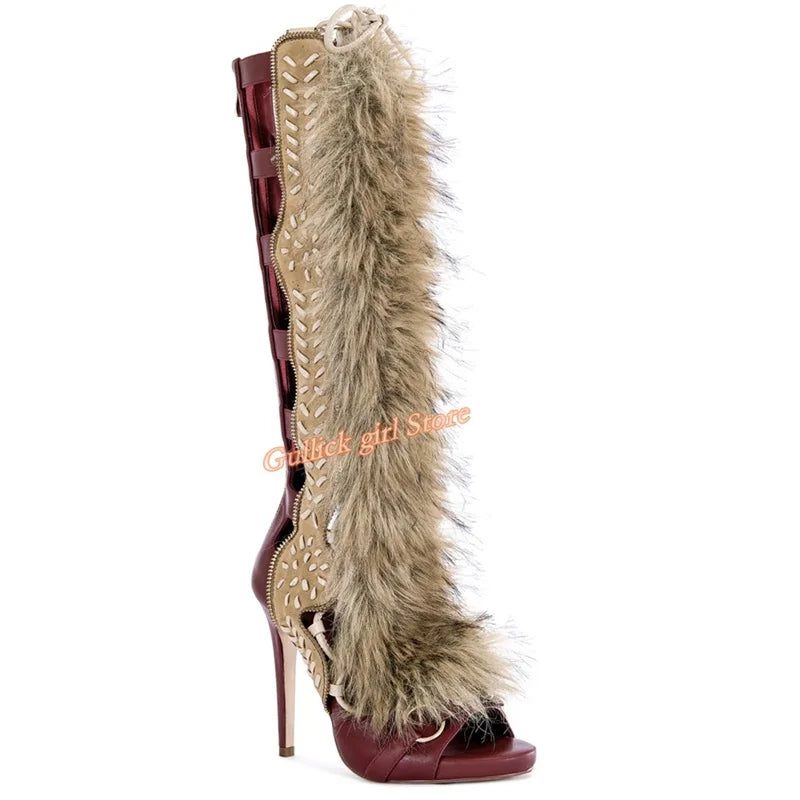Faux Fur Open Toe Knee High Sandal Boots for Women