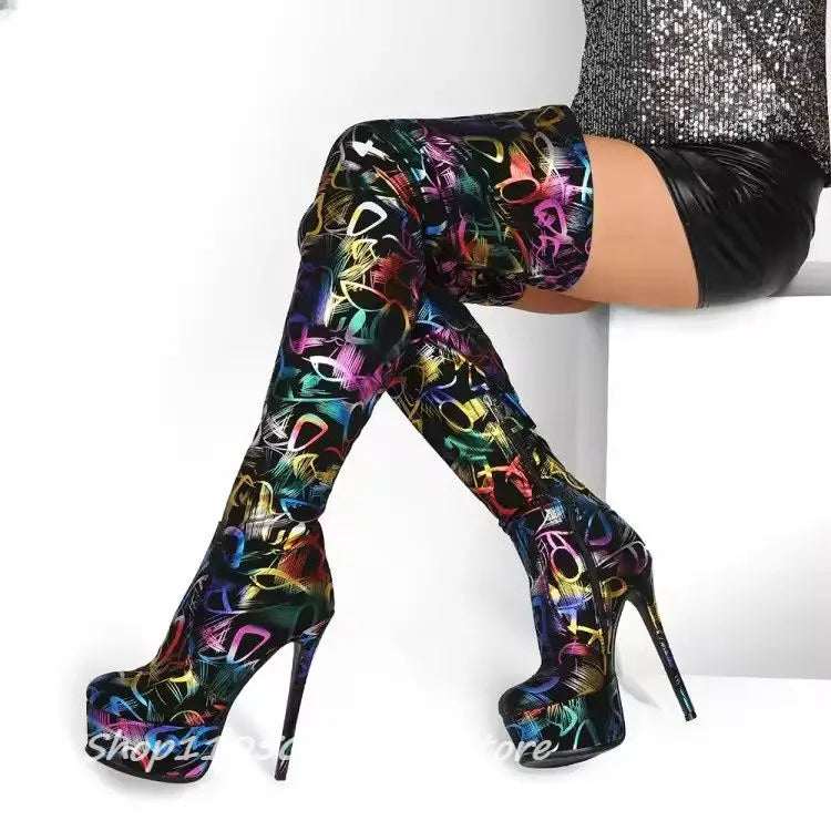 Colorful Graffiti Print Thigh High Platform Boots for Women