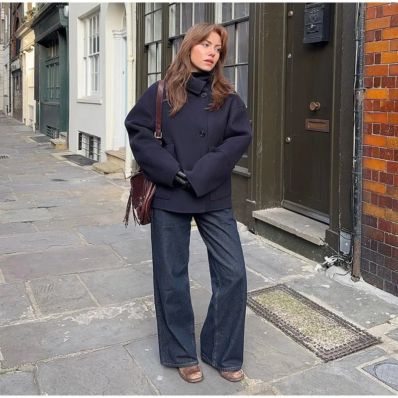 Solid Double Breasted Stand Collar Long Sleeve Overcoat for Women