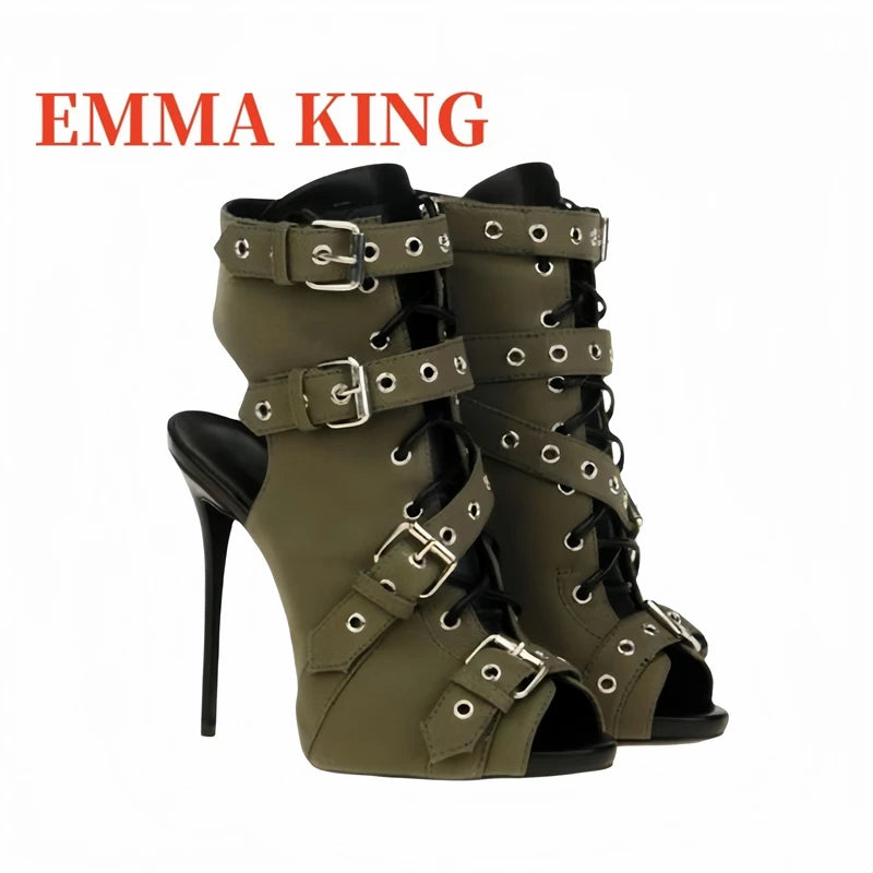 Lace Up Green Canvas Cutout Peep Toe Ankle Boots for Women