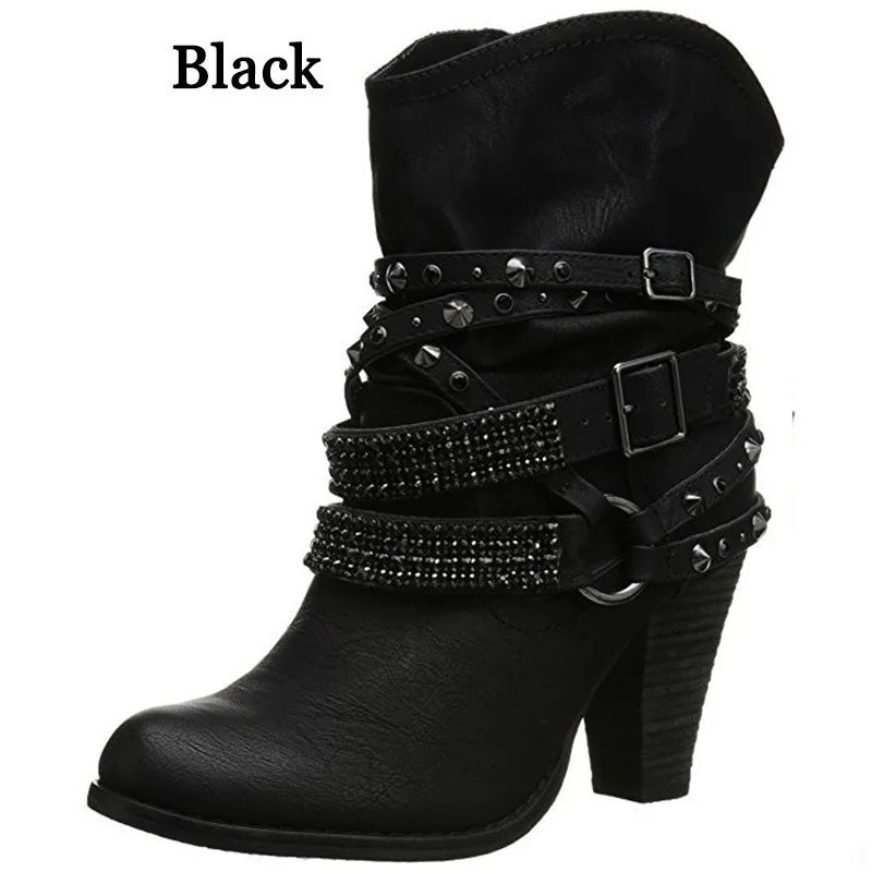 Pleated Mid-Calf Boots With Rivet and Square Heel for Women