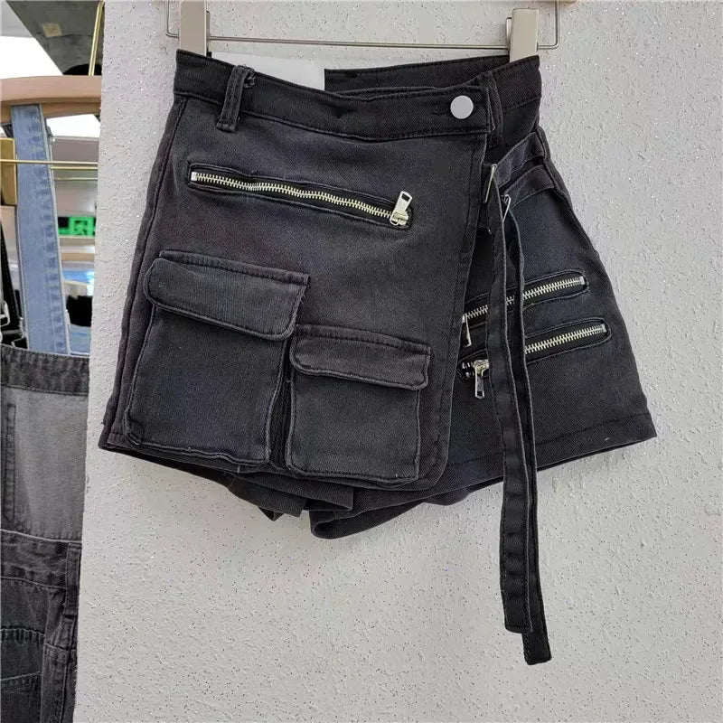 Irregular multi-pocket tooling A-word shorts women's loose wide-leg pants 2024 summer strap-on denim skirt pants