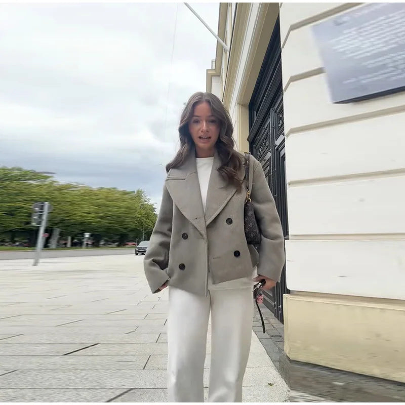 Double Breasted Cropped Jacket With Turn Down Collar for Women
