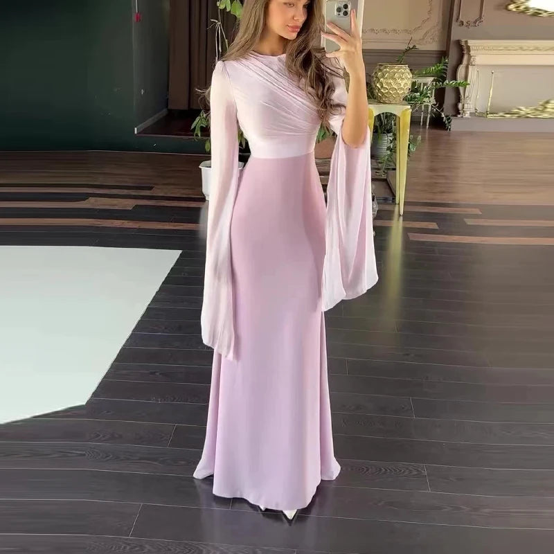 Women's Spring Solid Spliced Satin Maxi Dress Sexy O Neck Slim Bodycon Hip Long Dress Summer Batwing Sleeve Hollow Evening Dress