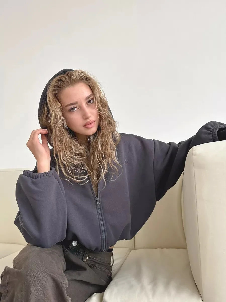 Cropped Zipper Hooded Sweatshirt Jacket With Long Sleeves for Women