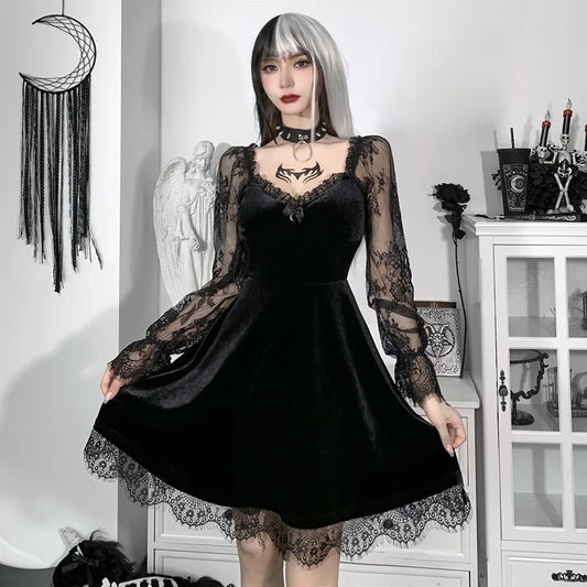 Y2K Hollow Cuffs Strapless Sexy Gothic Lace Dress Dark Style Pleated Knee-length Skirt Women‘s Slim Fit Fashion Women's Clothing