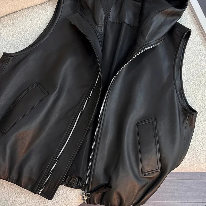Elegant Lightweight Hooded Faux Leather Vest for Women