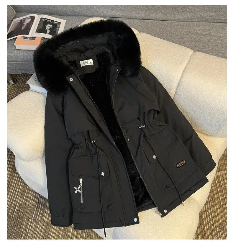Korean Style Quilted Hooded Coat With Fur Collar For Women