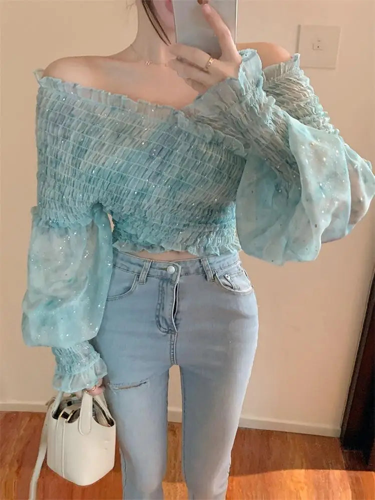 French Shoulder Chiffon Shirt for Women's Summer Design, Niche Shirt, Slim Fit Pleated Short Sleeved Top