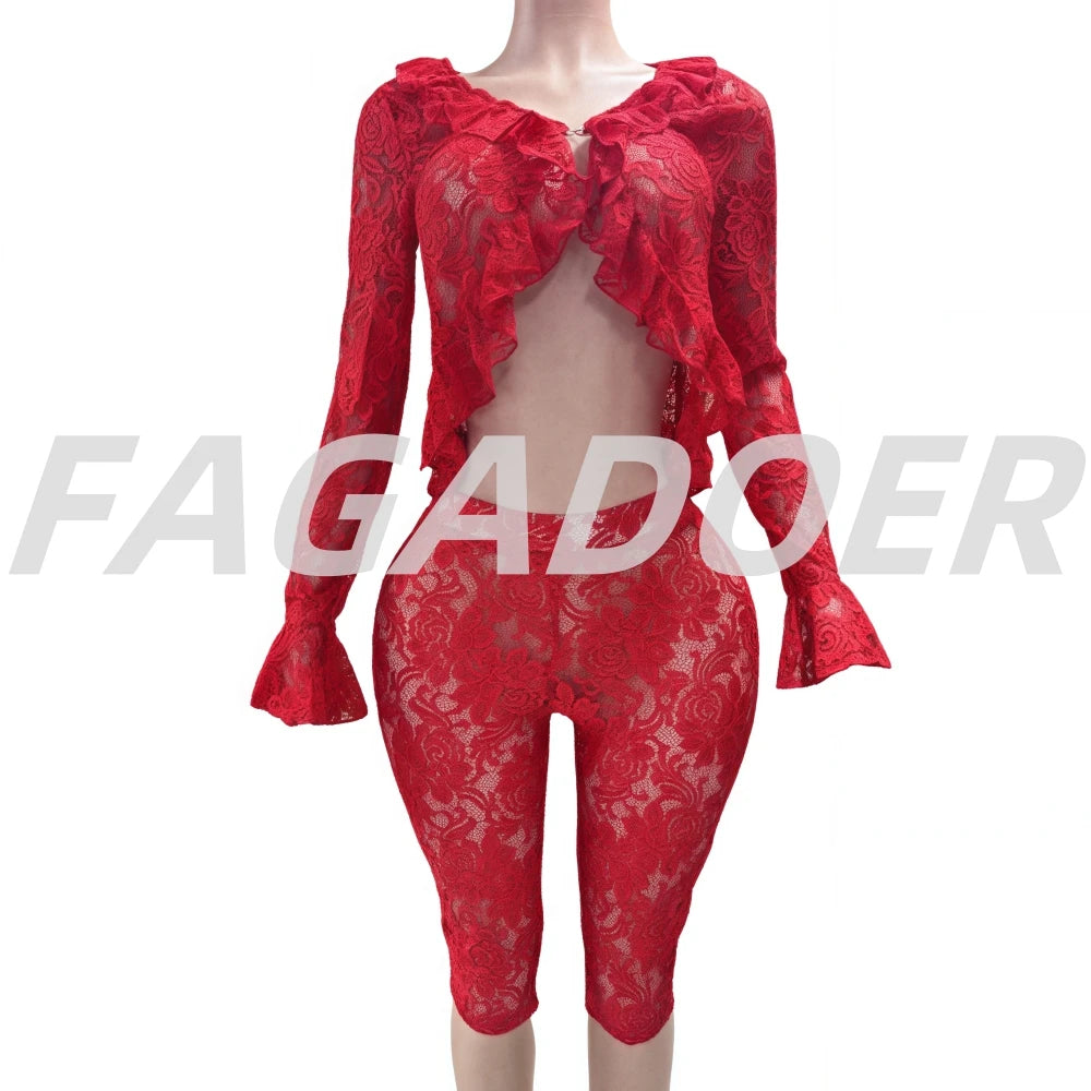 FAGADOER Sexy Lace See Through 2 Piece Sets Woman Outfit Mesh Hollow Out Crop Top and Shorts Suit Female Y2K Streetwear Clothing