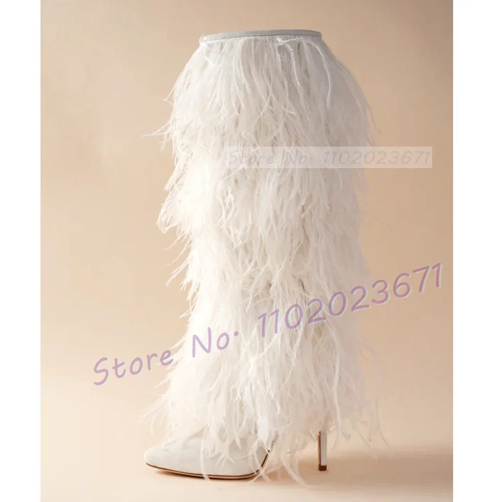 White Feather Pointed Toe Suede Side Zip Boots for Women