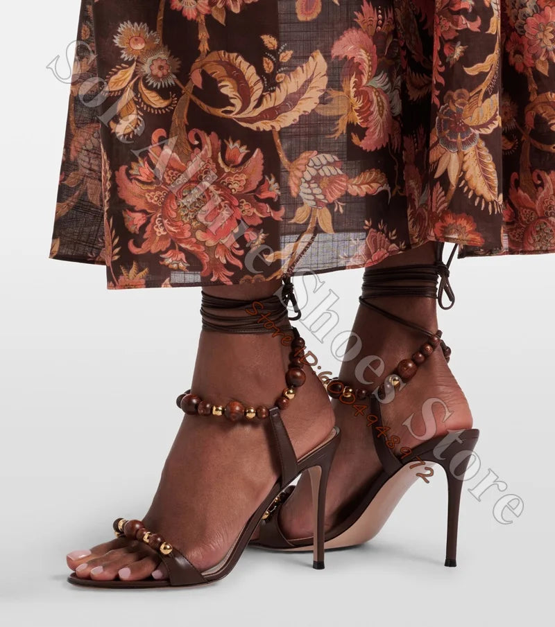 Metallic Gold Open Toe Lace Up Wood Bead Stiletto Sandals for Women