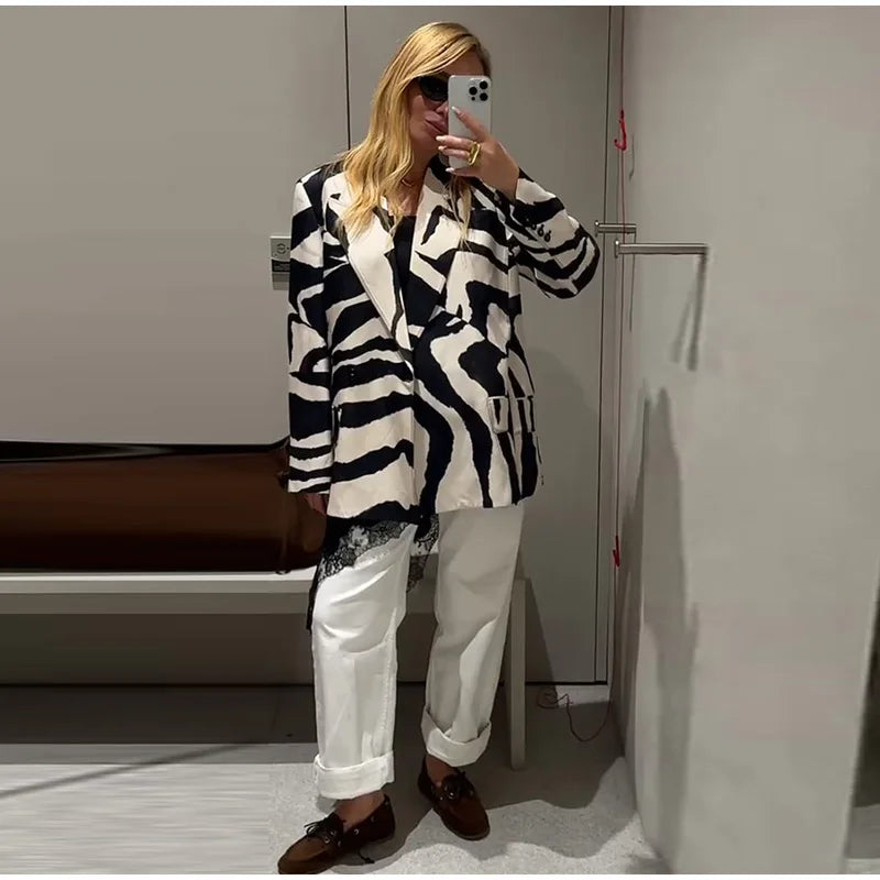 Oversized Zebra Print Long Sleeve Blazer for Women