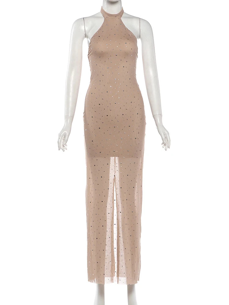 Shimmer Sequin Applique Halter Party Gown for Women