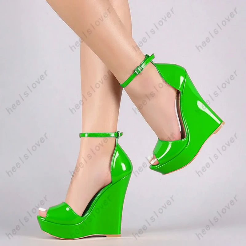 Glossy Peep Toe Platform Wedge Sandals With Buckle Strap For Women