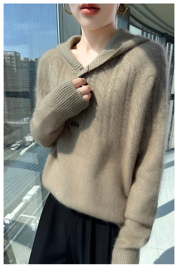 Chunky Knit Loose Hooded Pullover Sweater for Women