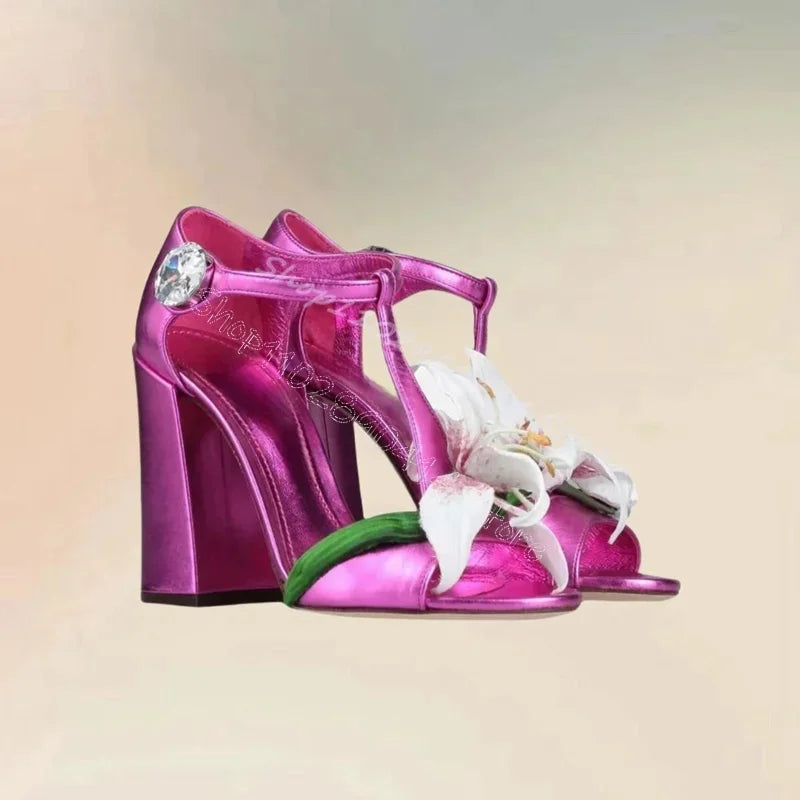 Rose Red Crystal Embellished Open Toe Sandals With Buckle Strap for Women
