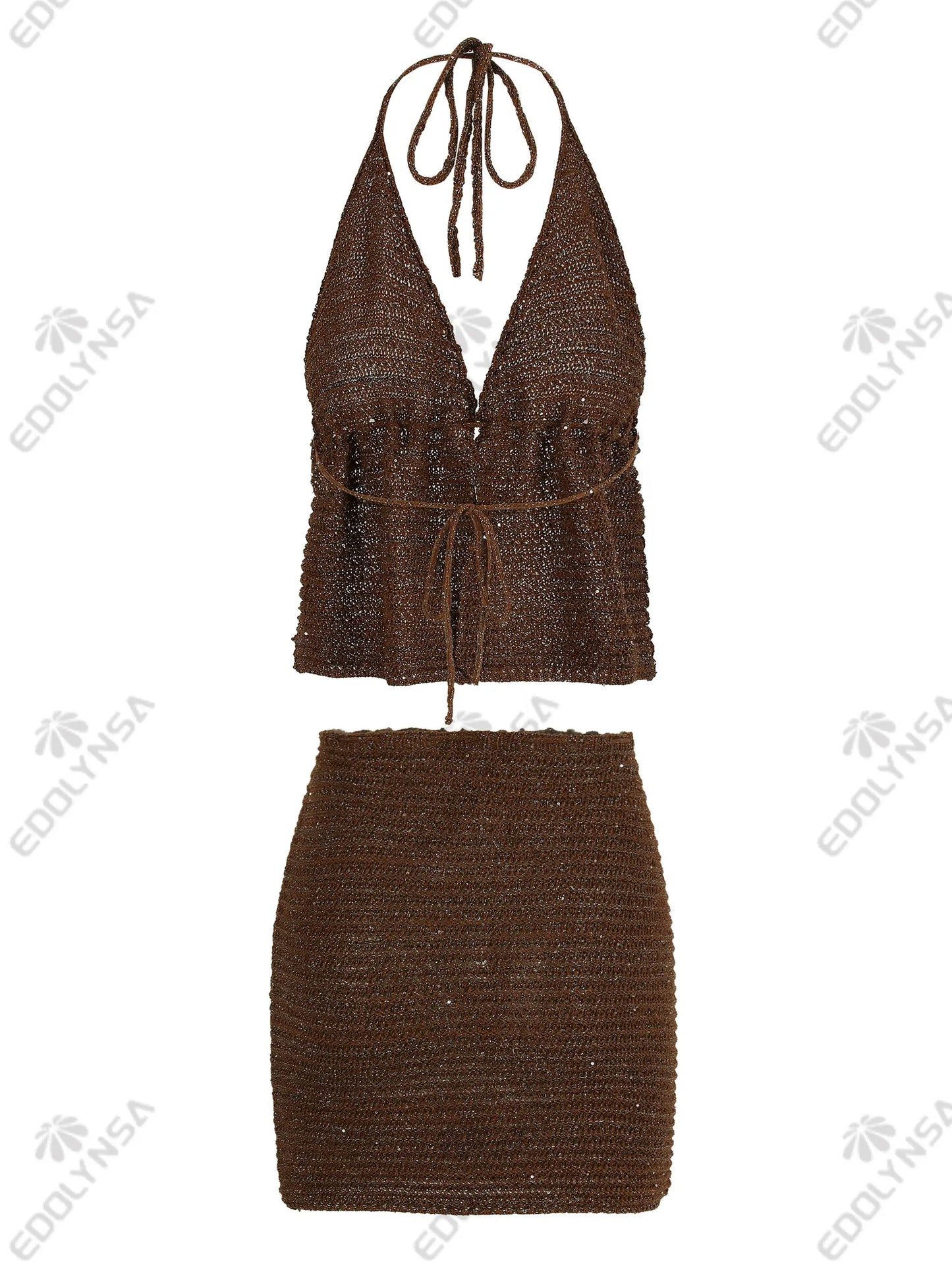 Women Knit Beach Set Sexy Wrap Backless Lace-up Sleeveless Top Mini Skirt 2-piece 2025 Chic Summer Outfit Swimwear Cover Up K153