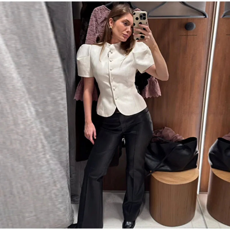 Stand Collar Puff Sleeve Coat