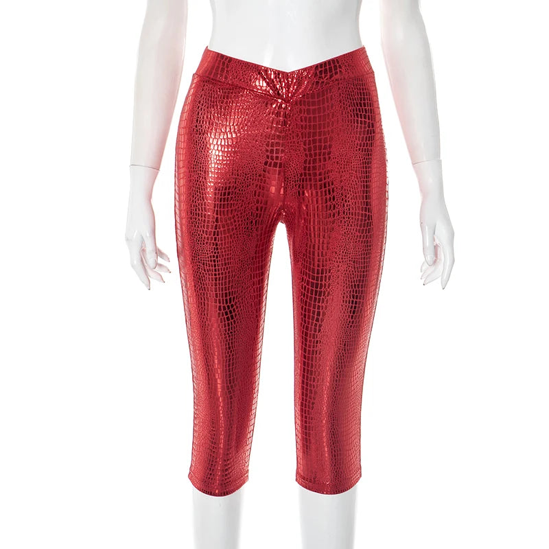 CUTENOVA Sexy Snake Print Solid Color Glossy Elastic High-Waisted Seven-Minute Casual Pants Summer New Women'S Clothing