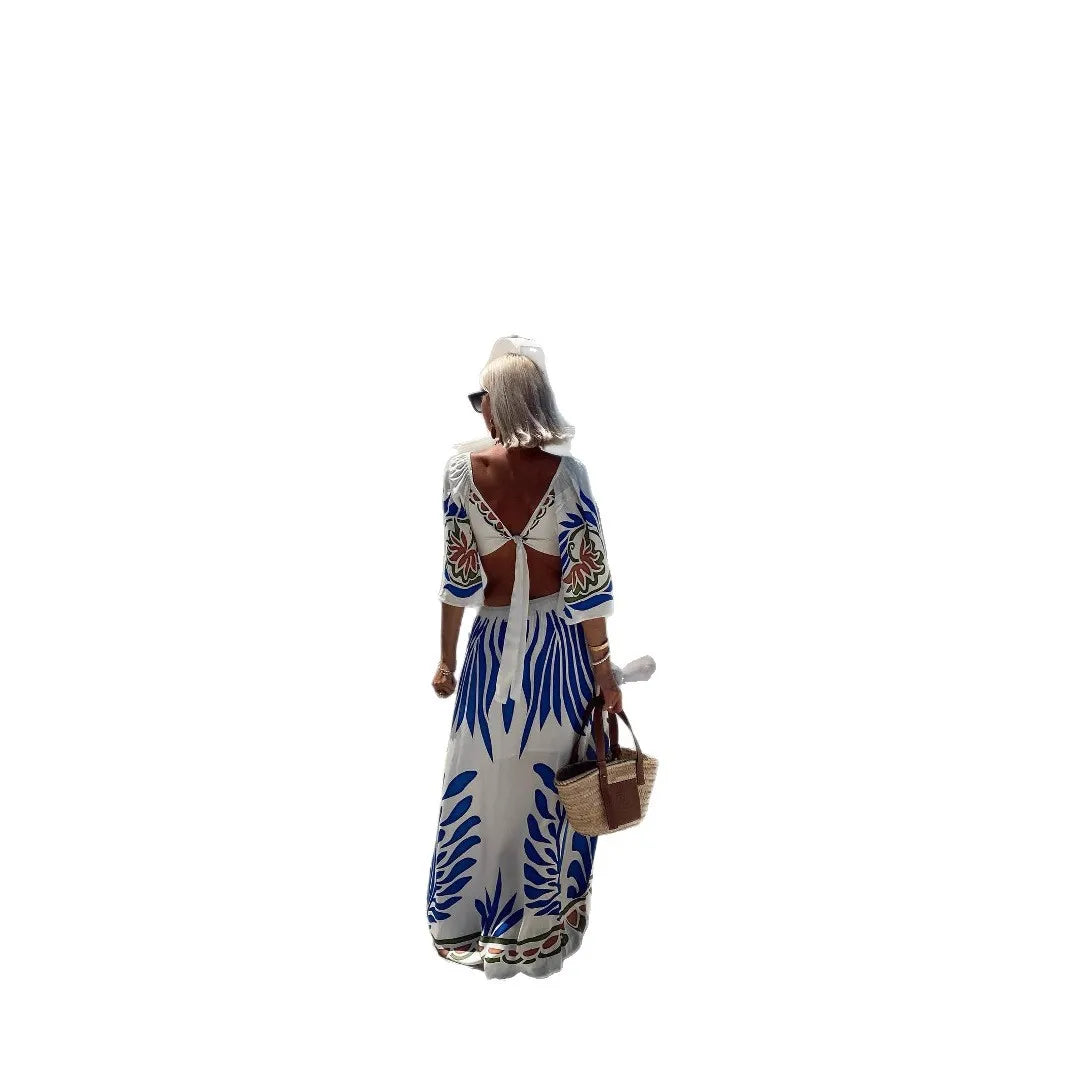 V Neck Hollow Out Backless Lace Up Bohemian Print Ankle Length Dress for Women
