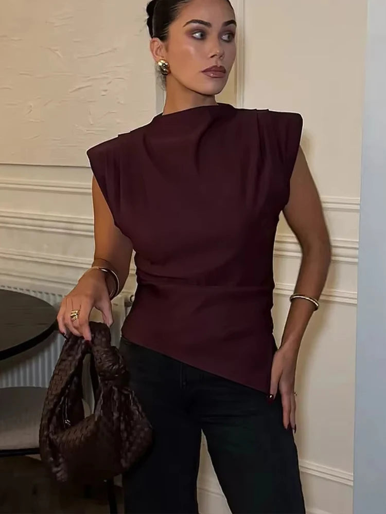 Retro Solid Color Asymmetrical Zipper Top for Women