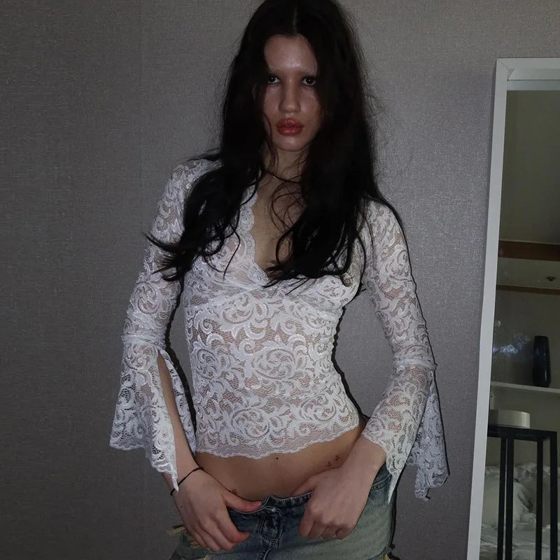 Aesthetic Lace Top Women Sexy Clothing See Through Deep V Neck Flared Long Sleeve T Shirts Party Clothes Clubwear