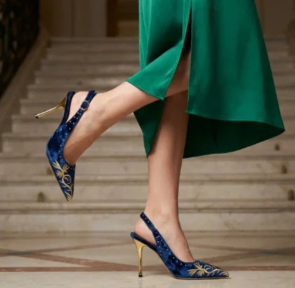 Embroidered Green Sandals With Metal Buckle And Back Strap for Women