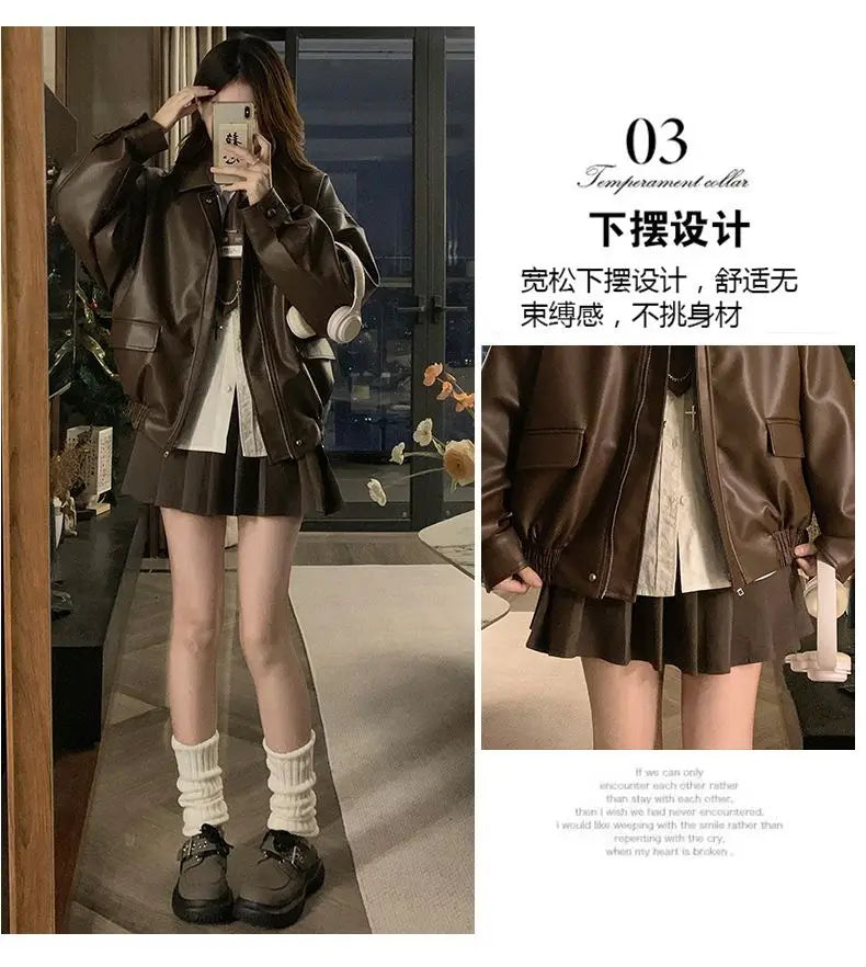 Short American Retro PU Leather Baseball Jacket for Women