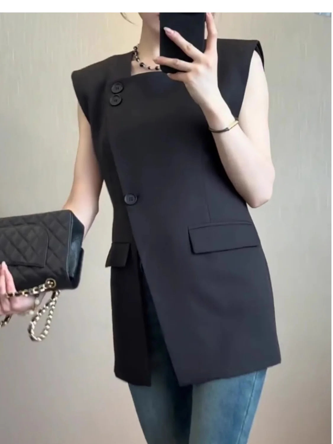 Black Button Front Split Sleeveless Vest For Women
