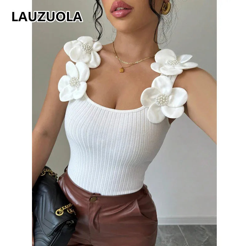 Elegant Floral Knit Sleeveless Lightweight Crop Top for Women