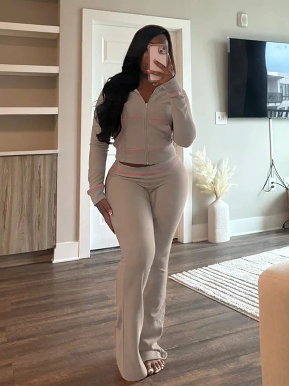 Hooded Long Sleeve Two Piece Matching Pants Set for Women