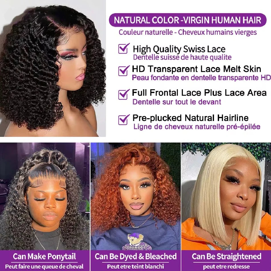 Glueless Brazilian Human Hair Lace Front Curly Bob Wig for Women