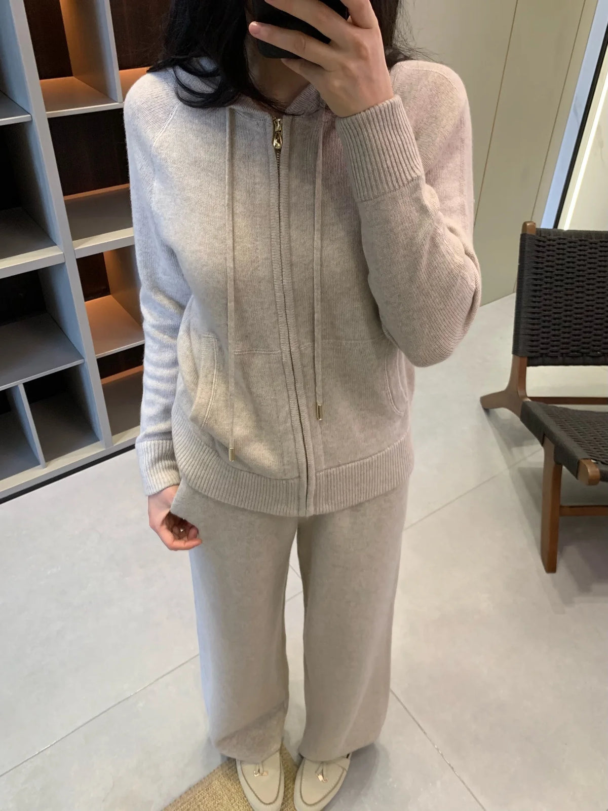 Hooded Knit Two Piece Set With Elastic Waist Pants For Women