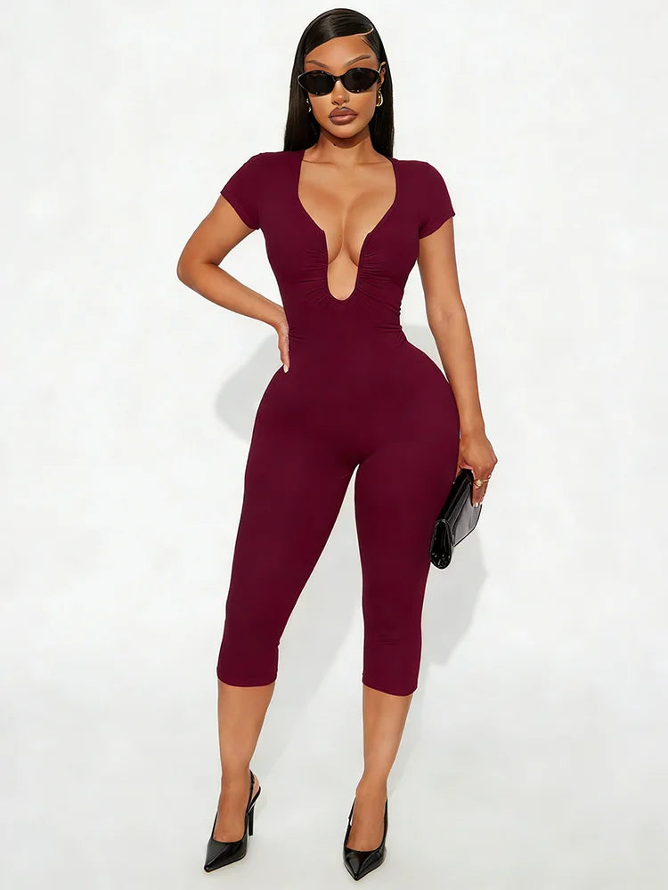 Patchwork Irregular Low-Neck Short Sleeve Stretch Playsuit for Women
