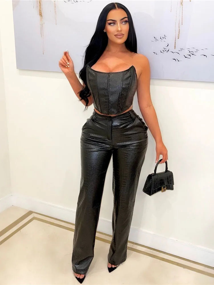Green Faux Leather Corset Cut-Out Cargo Sleeveless Jumpsuit Set for Women